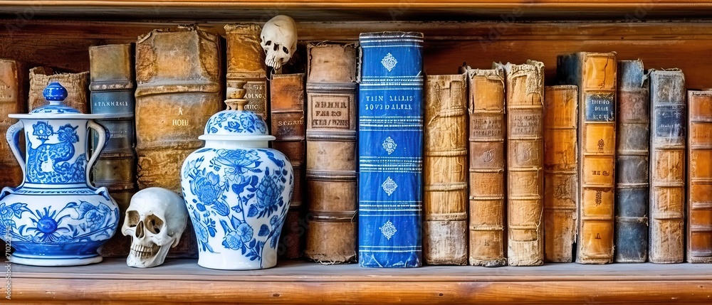 Background with ancient books and curio objects