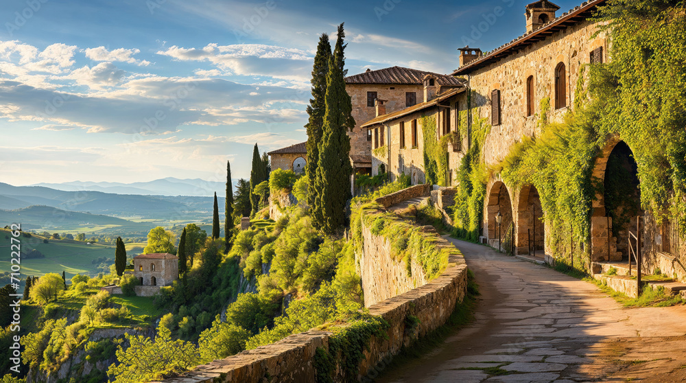 idyllic Tuscany landscape with vineyards and a manor house