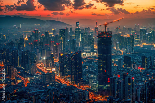 city at sunrise with high b...