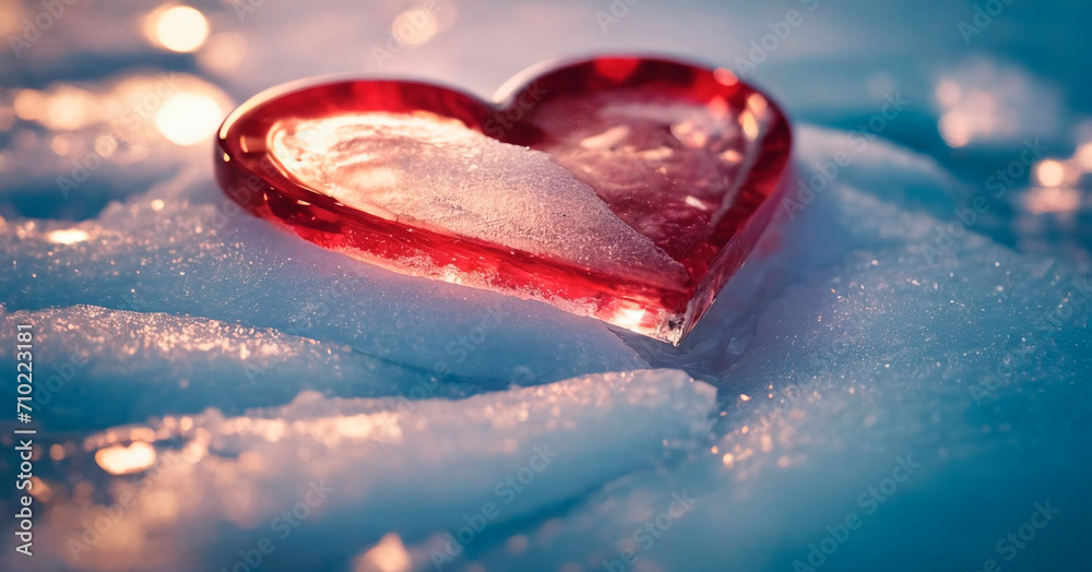 Red heart on ice cubes. Valentines day background. Love concept. Stock