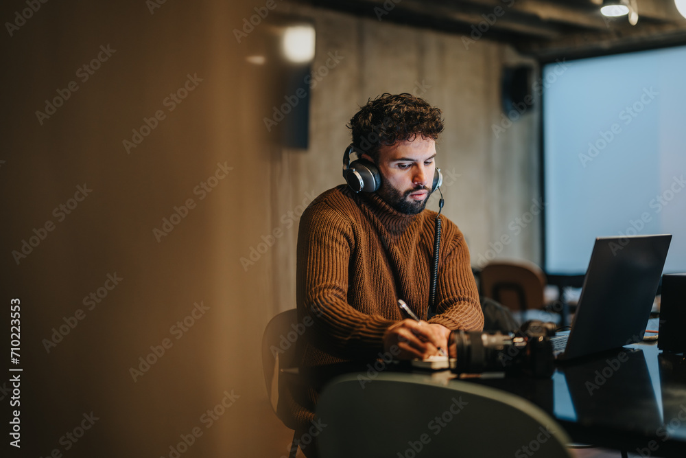 Late night office work. Businessman working alone at the office. Copy space.