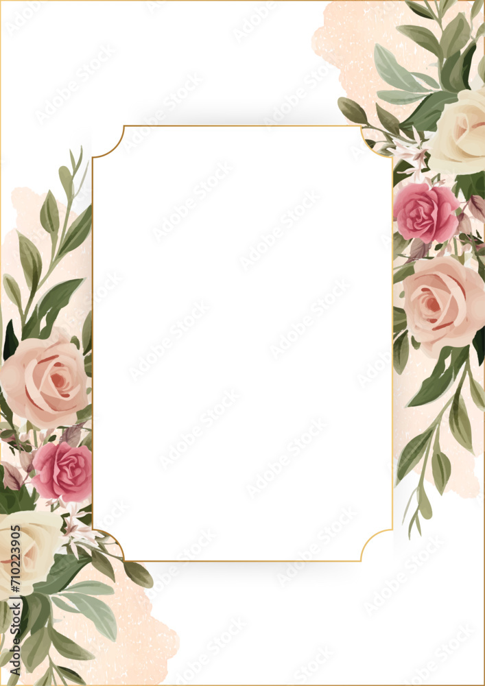 Obraz premium Pink and white modern wreath background invitation frame with flora and flower. Watercolor art flower and botanical leaves with organic shapes background for banner, poster, web and card