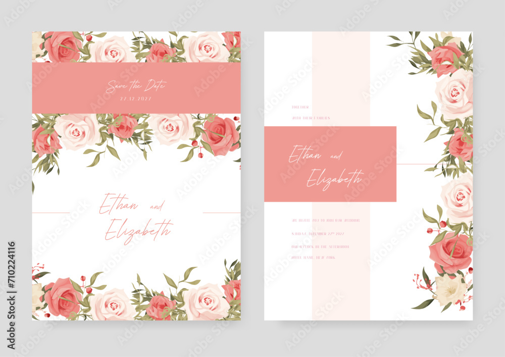 Pink red wedding invitation card template with flower and floral watercolor texture vector. Watercolor wedding invitation template with arrangement flower and leaves
