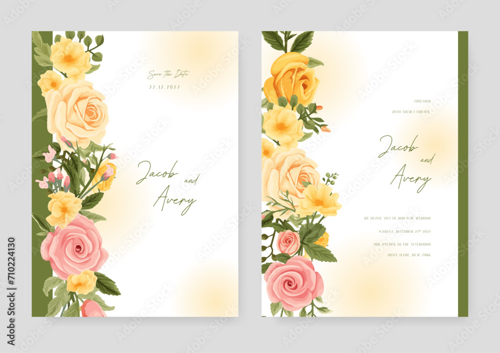 Yellow and pink rose artistic wedding invitation card template set with flower decorations. Watercolor wedding invitation template with arrangement flower and leaves