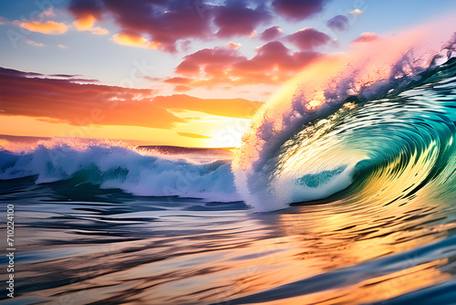 The beauty of the sea: The magic of colorful rice-shaped seawater and sunset generative ai