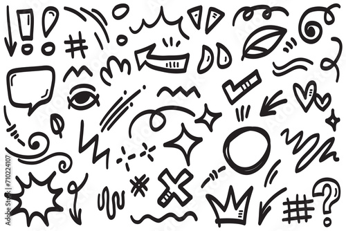 Vector set of hand-drawn cartoony expression sign doodle, curve directional arrows, emoticon effects design elements, cartoon character emotion symbols, cute decorative brush stroke lines.