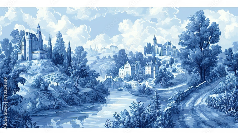 Toile de jouy pattern with countryside views with castles and houses and landscapes with trees, river and bridges with road in blue color Generative Ai