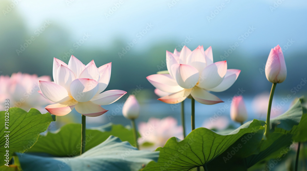 Obraz premium 光を浴びる満開のハスの花、水辺の自然風景