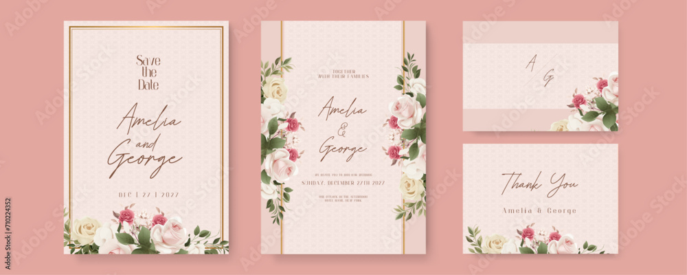 Pink and beige rose wedding invitation card template with flower and floral watercolor texture vector. Watercolor wedding invitation template with arrangement flower and leaves