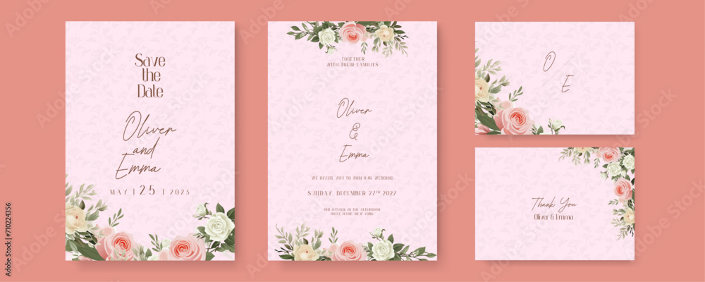 White and pink rose luxury wedding invitation with golden line art flower and botanical leaves, shapes, watercolor. Watercolor wedding invitation template with arrangement flower and leaves White and pink rose luxury wedding invitation with golden line art flower and botanical leaves, shapes, watercolor. Watercolor wedding invitation template with arrangement flower and leaves