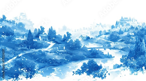 Toile de jouy pattern with countryside views with castles and houses and landscapes with trees, river and bridges with road in blue color Generative Ai