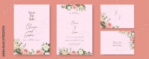 White and pink rose luxury wedding invitation with golden line art flower and botanical leaves, shapes, watercolor. Watercolor wedding invitation template with arrangement flower and leaves