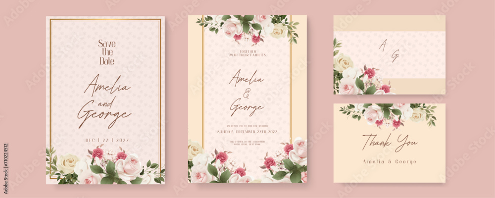Beige and pink rose artistic wedding invitation card template set with flower decorations. Watercolor wedding invitation template with arrangement flower and leaves Beige and pink rose artistic wedding invitation card template set with flower decorations. Watercolor wedding invitation template with arrangement flower and leaves