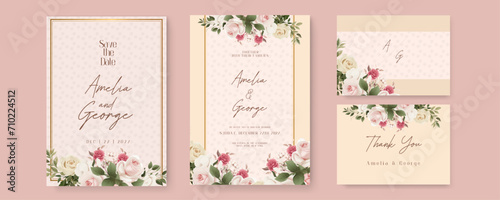 Beige and pink rose artistic wedding invitation card template set with flower decorations. Watercolor wedding invitation template with arrangement flower and leaves
