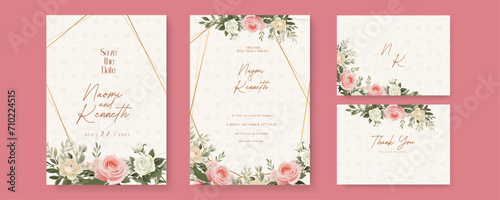 Pink beige and green rose vector elegant watercolor wedding invitation floral design. Watercolor wedding invitation template with arrangement flower and leaves