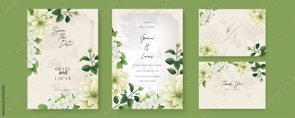 Green chrysanthemum vector elegant watercolor wedding invitation floral design. Watercolor wedding invitation template with arrangement flower and leaves