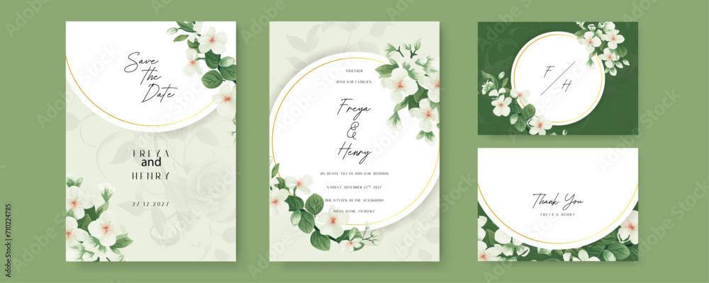 White sakura set of wedding invitation template with shapes and flower floral border. Watercolor wedding invitation template with arrangement flower and leaves