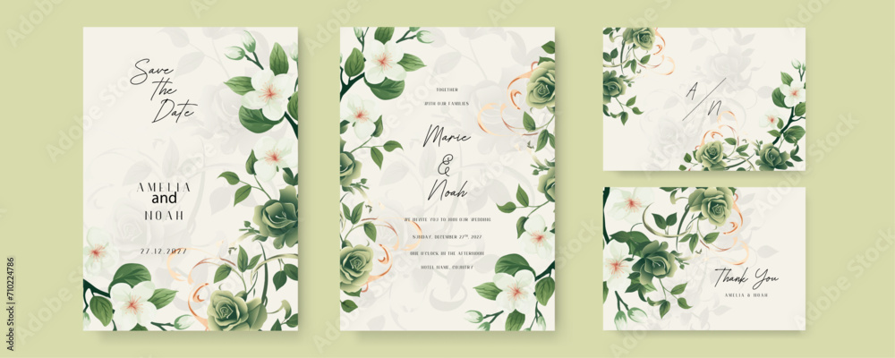 White and green rose and sakura luxury wedding invitation with golden line art flower and botanical leaves, shapes, watercolor. Watercolor wedding invitation template with arrangement flower