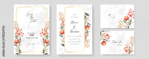 Red cosmos modern wedding invitation template with floral and flower. Watercolor wedding invitation template with arrangement flower and leaves