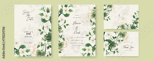White and green rose and sakura luxury wedding invitation with golden line art flower and botanical leaves, shapes, watercolor. Watercolor wedding invitation template with arrangement flower