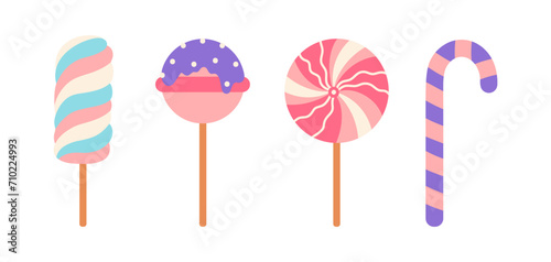 Sweets vector set. Round spiral lollipop, candy with icing and sprinkles, striped treat, marshmallow on a stick. Colorful sweet caramel for kids. Sugar swirl. Flat cartoon clipart for posters, print photo