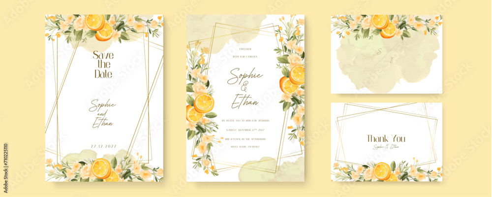 Fototapeta premium Yellow rose and lemon beautiful wedding invitation card template set with flowers and floral. Watercolor wedding invitation template with arrangement flower and leaves