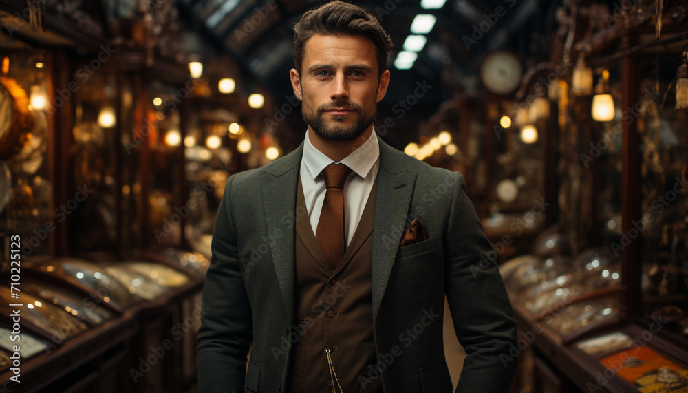 Fototapeta premium Confident businessman in suit looking at camera generated by AI