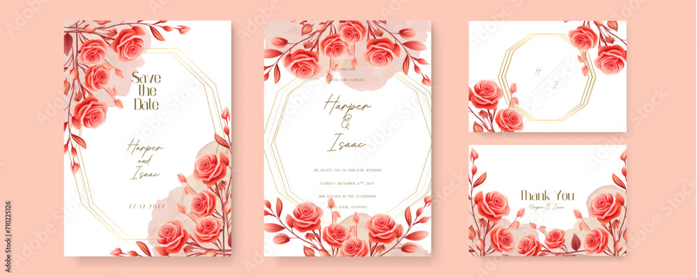 Red rose set of wedding invitation template with shapes and flower floral border. Watercolor wedding invitation template with arrangement flower and leaves Red rose set of wedding invitation template with shapes and flower floral border. Watercolor wedding invitation template with arrangement flower and leaves