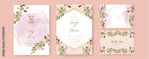 Pink rose vector elegant watercolor wedding invitation floral design. Watercolor wedding invitation template with arrangement flower and leaves