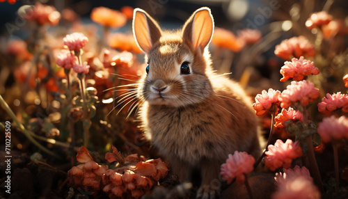Cute fluffy rabbit sitting in the grass, surrounded by flowers generated by AI photo