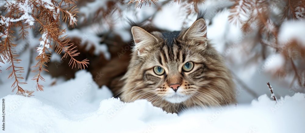 Norwegian Forest Cat resting under a bush in the snow during winter