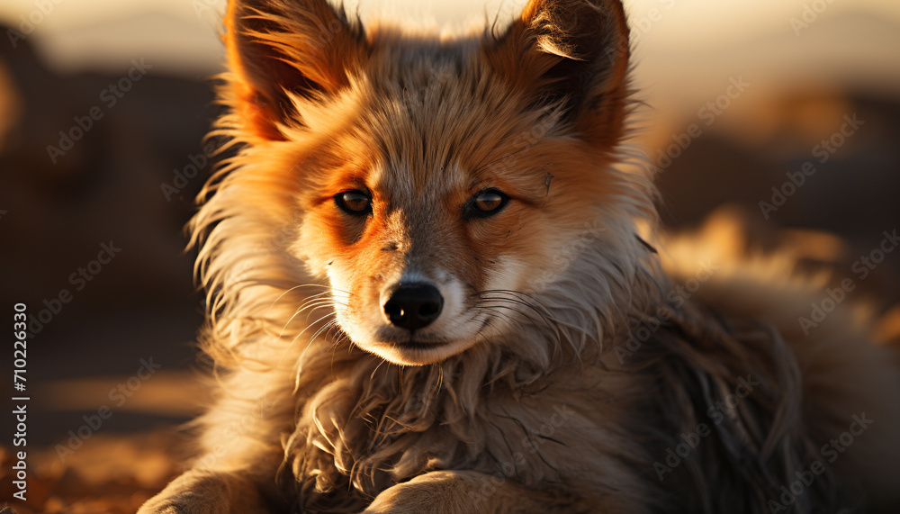 Naklejka premium Cute puppy sitting outdoors, looking at camera with playful nature generated by AI