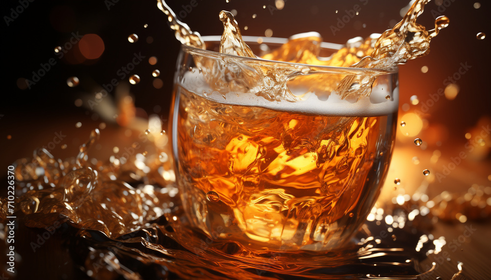 Whiskey pouring, glass wet, background yellow, ice splashing, gold motion generated by AI