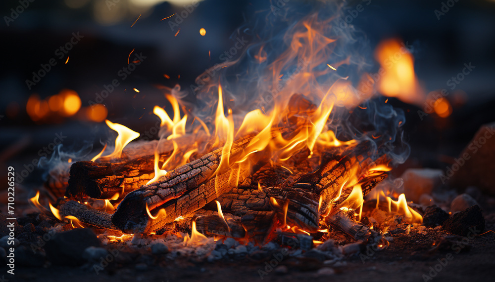 Flame ignites wood, creating a vibrant, glowing bonfire in nature generated by AI Flame ignites wood, creating a vibrant, glowing bonfire in nature generated by AI