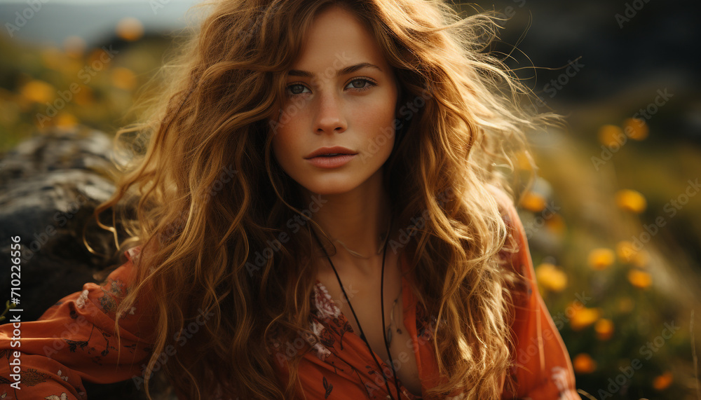 One young woman outdoors, smiling, looking at camera, long hair generated by AI