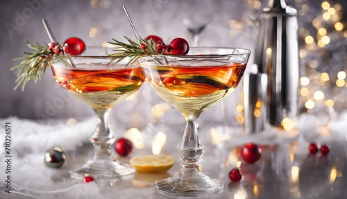 Elegant cocktails adorned with cherries and rosemary sprigs, displayed amidst a festive, illuminated setting. 