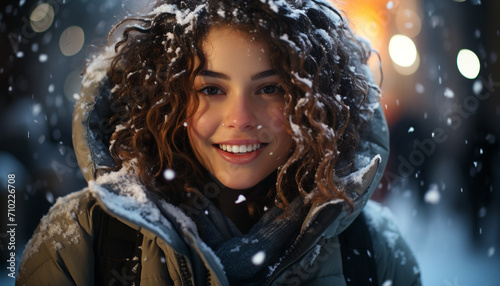 Smiling woman, young adult, outdoors, winter, Caucasian ethnicity, snow, happiness generated by AI