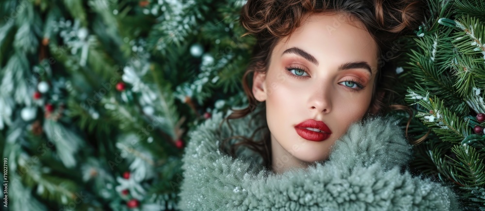 Fashionable woman with winter makeup and stylish outfit modeling in a green wreath backdrop.