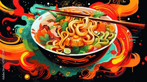 A stylized representation of Mapo noodles with abstract shapes and vibrant colors.
