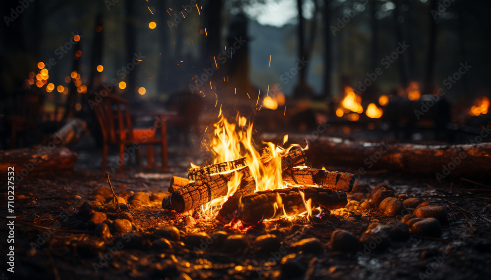Obraz premium Glowing bonfire illuminates dark forest, providing warmth and relaxation generated by AI