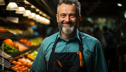 Smiling man, owner of supermarket, selling fresh vegetables generated by AI