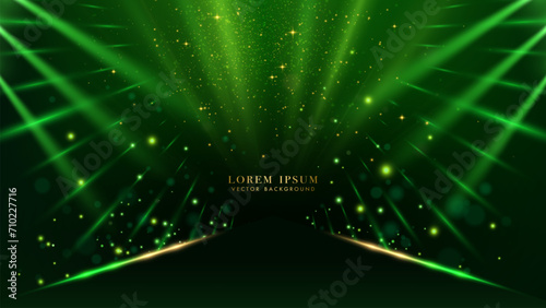 Abstract glowing green light rays with sparkle effect on dark green background