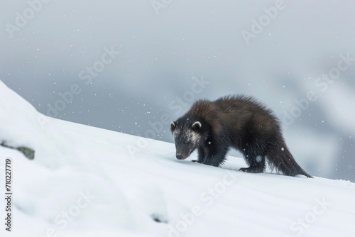 A wolverine exhibits stealth in the pristine alpine snow