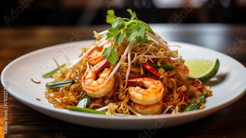 Close-up of Pad Thai noodles and shrimp, with a focus on the intricate details and textures, inviting the viewer to savor the dish. © UMAR_ART