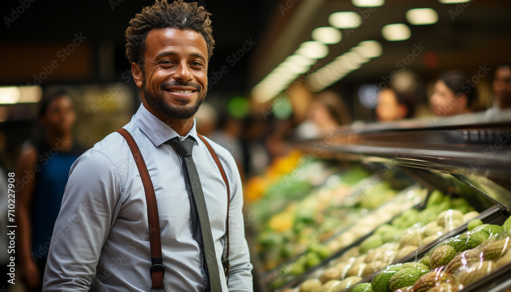 Fototapeta premium Smiling man buying groceries in a supermarket generated by AI