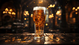 A frothy pint of beer illuminates the dark bar counter generated by AI