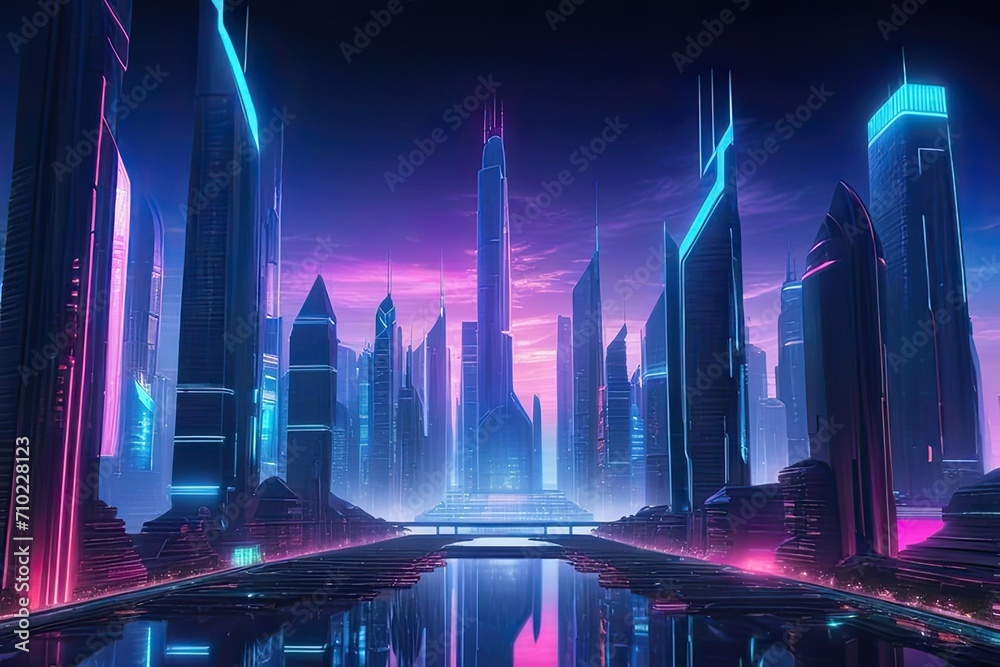 Futuristic city with neon lights and skyscrapers