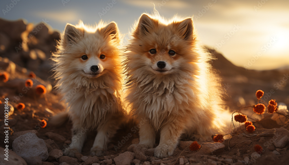 Obraz premium Cute puppy sitting in grass, looking at camera with love generated by AI