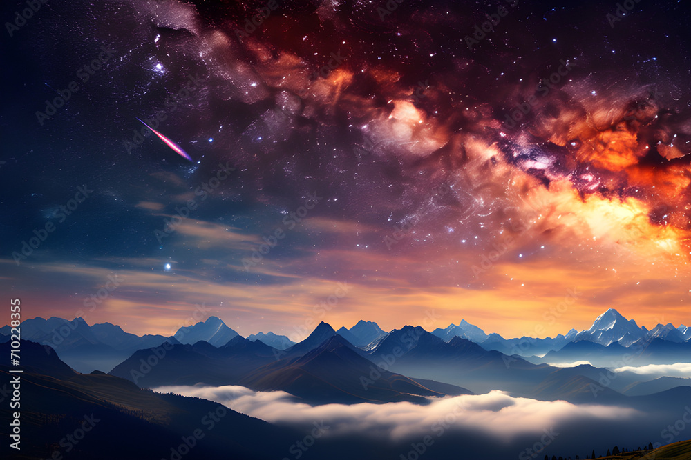 Fireworks in the Milky Way: Beautiful Shooting Ends the Night Sky generative ai Fireworks in the Milky Way: Beautiful Shooting Ends the Night Sky generative ai
