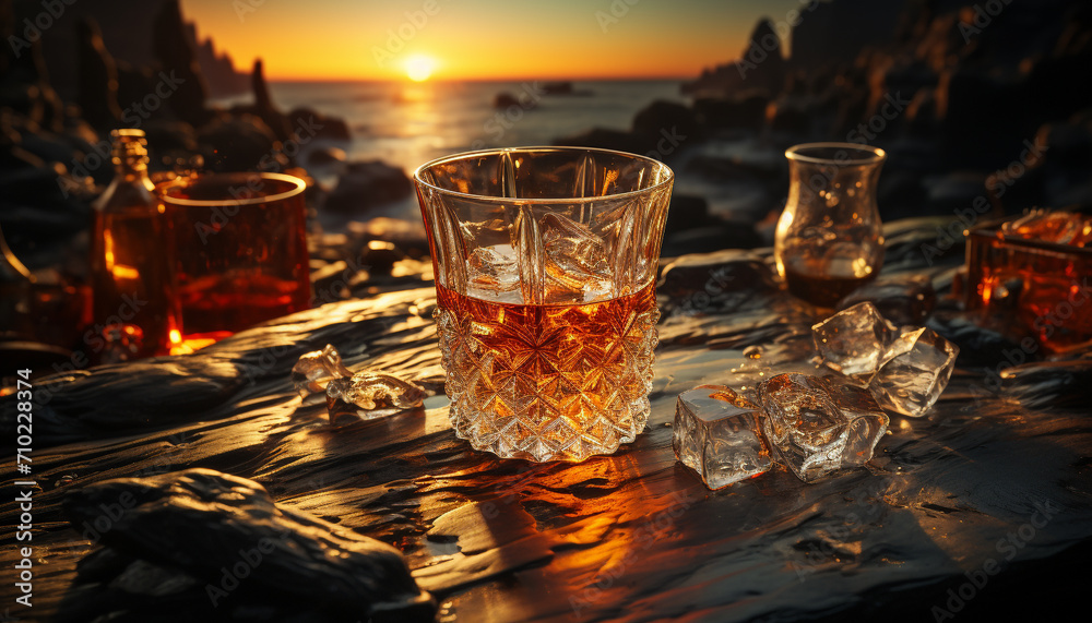 Whiskey glass on bar table, ice melting, sunset reflection generated by AI